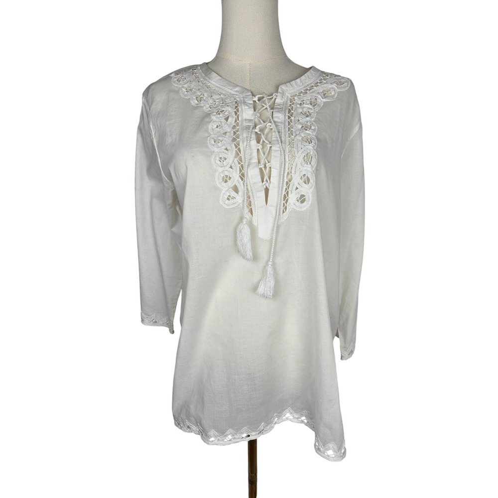 Lauren Ralph Lauren Tunic M White Vintage Lace Up Boho Cotton Blouse Cottagecore